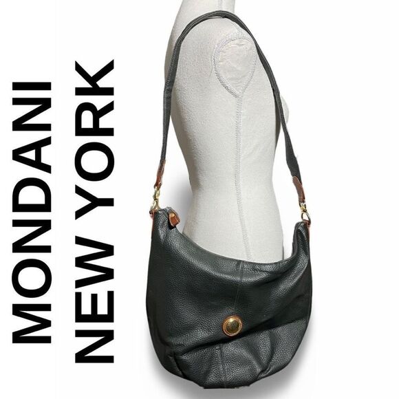 MONDANI NEW YORK Black & Brown Leather Like Material, Gold Accents, Shoulder Bag - Picture 1 of 8